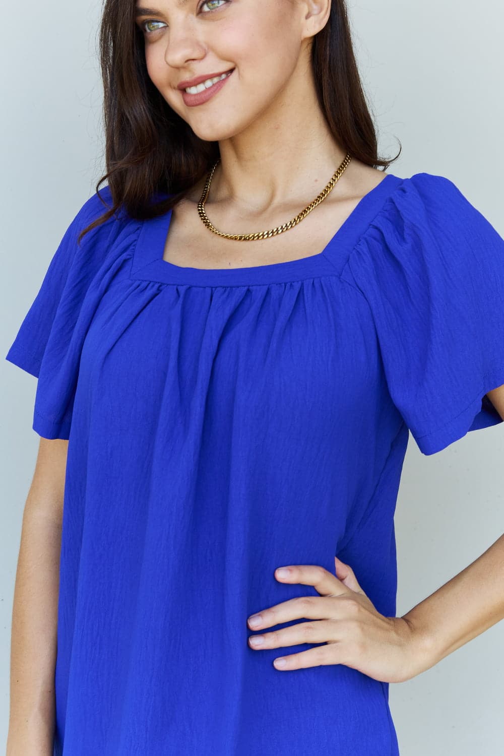 Ninexis Keep Me Close Square Neck Short Sleeve Blouse in Royal.