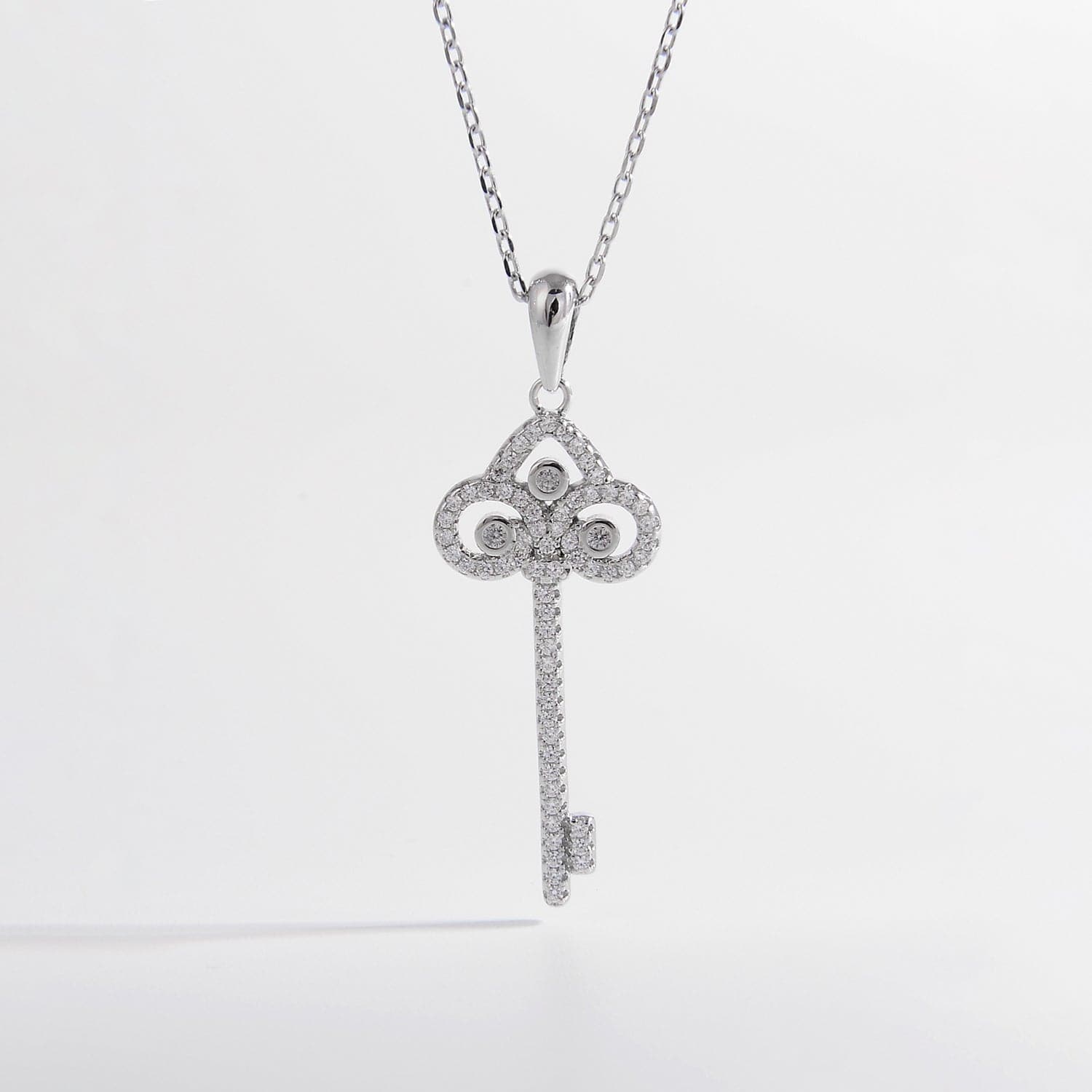 925 Sterling Silver Inlaid Zircon Key Shape Necklace.