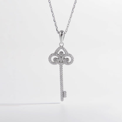 925 Sterling Silver Inlaid Zircon Key Shape Necklace.