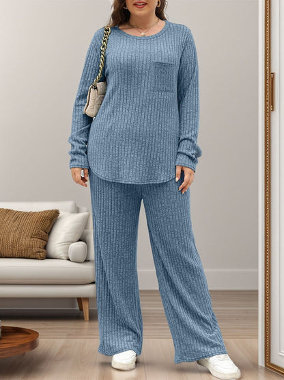 Cozy two-piece round neck top and pants ensemble