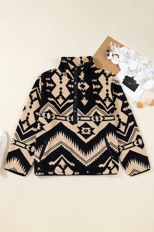 Black Plus Size Western Aztec Pattern Half Button Front Collared Plush Sweatshirt With Long Sleeve Dear-Lover Dropshipping