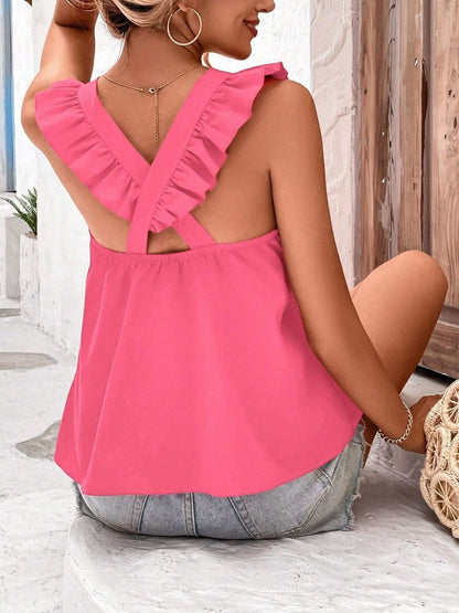 Ruffled Cap Sleeve Blouse with Crisscross Back