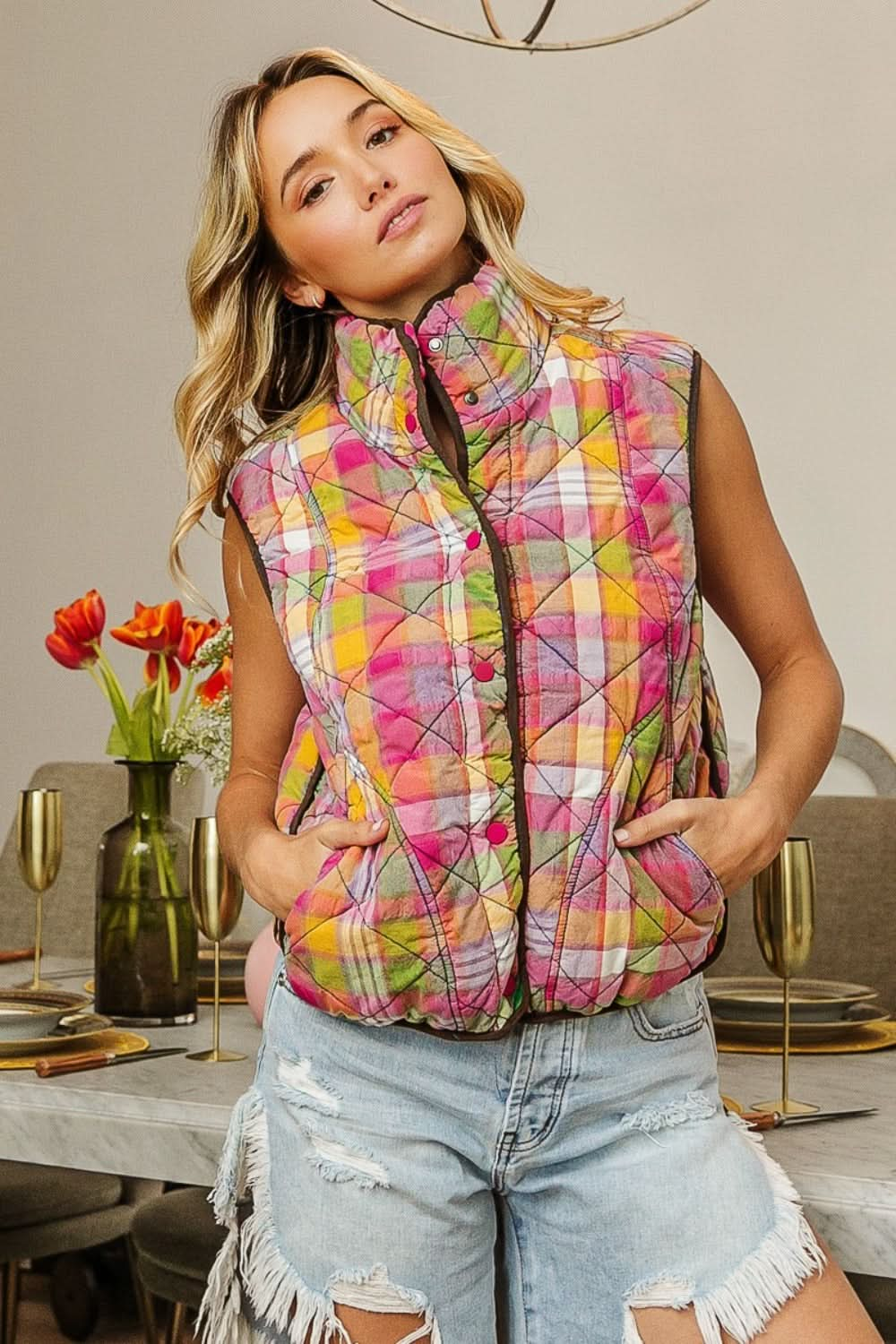 BiBi Plaid Quilted Vest - Cozy Layering