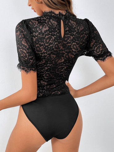 Lace Mock Neck Short Sleeve Bodysuit.