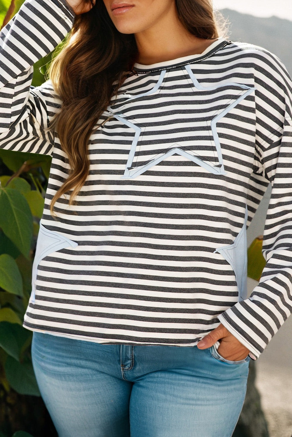 Gray Stripe Star Contrast Stitched Plus Size Long Sleeve Top Dear-Lover Dropshipping
