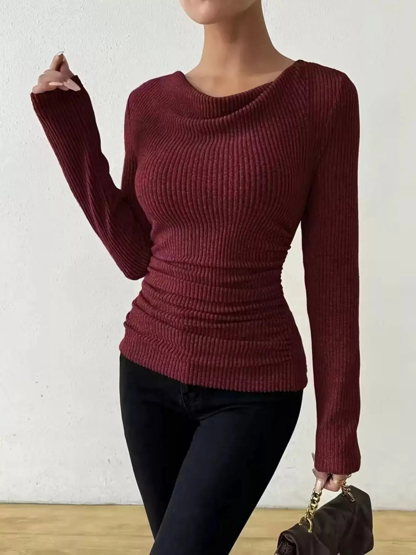 Cowl Neck Ribbed Long Sleeve Sweater Simply Love