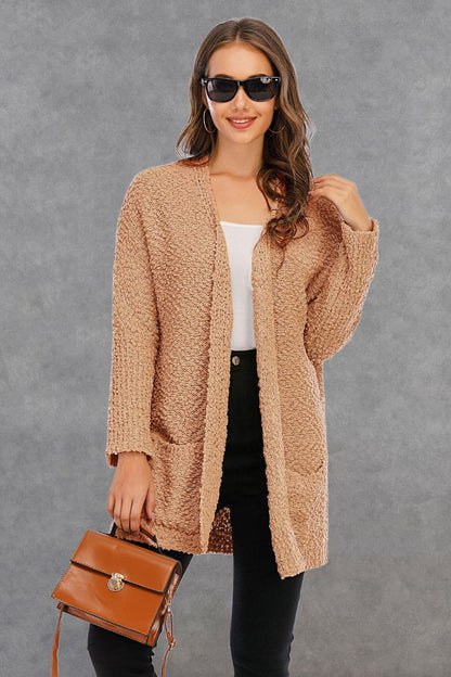 Pocketed Open Front Long Sleeve Cardigan.