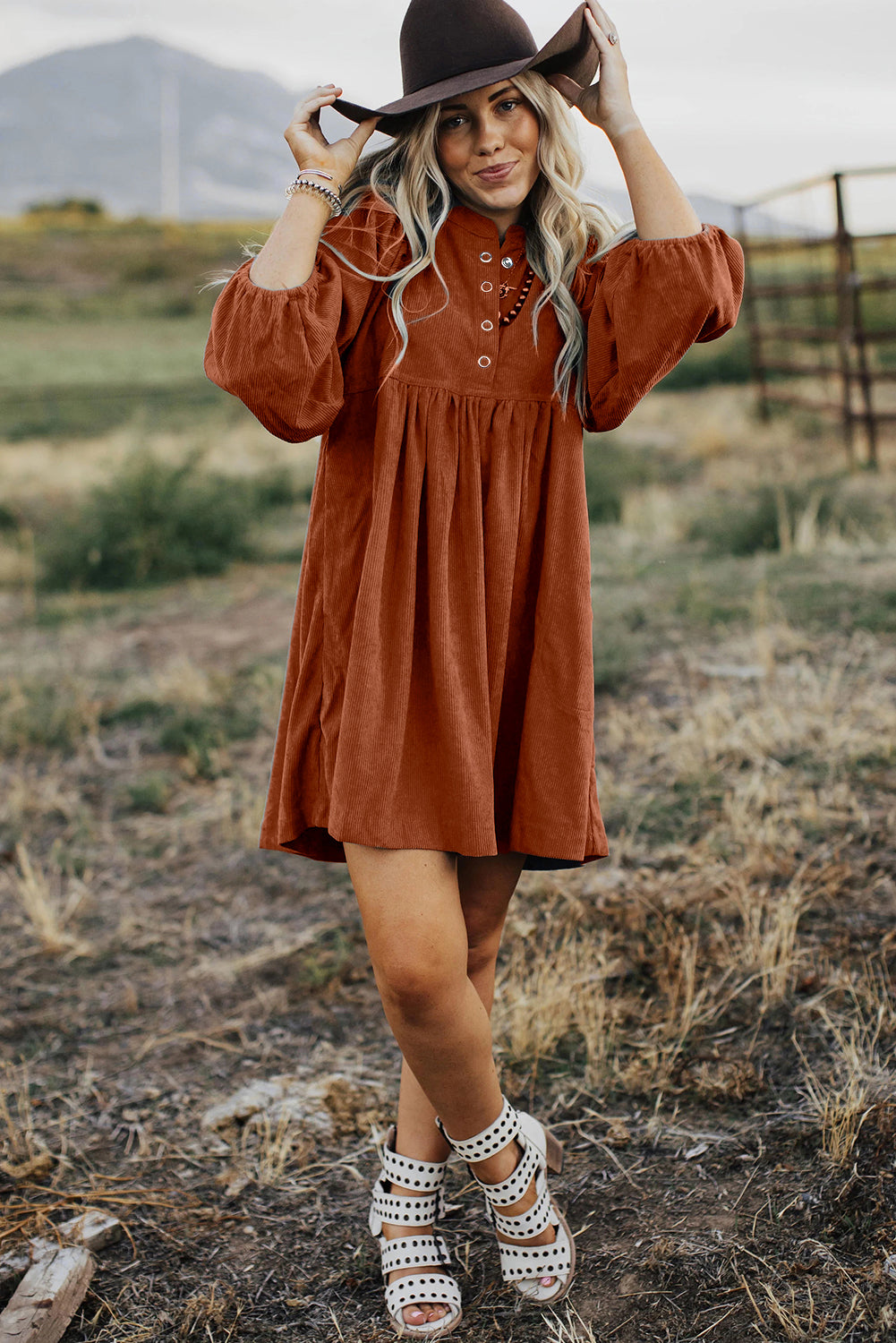 Chic gold flame corduroy dress with snap buttons and bracelet sleeves