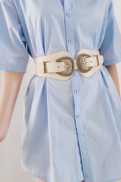 Shell Double Buckle Elastic Wide Belt.