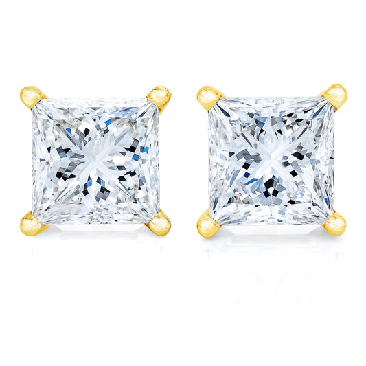Bids.com 14K Yellow Gold Princess-Cut Diamond Solitaire Stud Earrings, showcasing the full elegant design for quality shopper