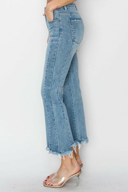 RISEN Full Size High Rise Frayed Hem Flare Jeans.