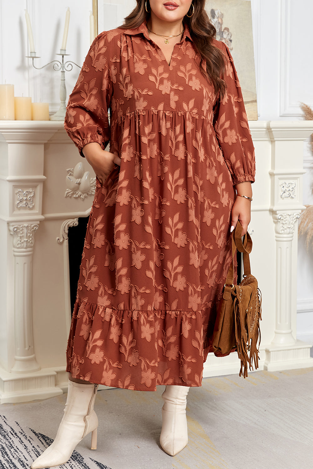 Premium Cinnamon Plus Size Textured 3D Flower Dress Ruffle Hem Long Dear-Lover Dropshipping