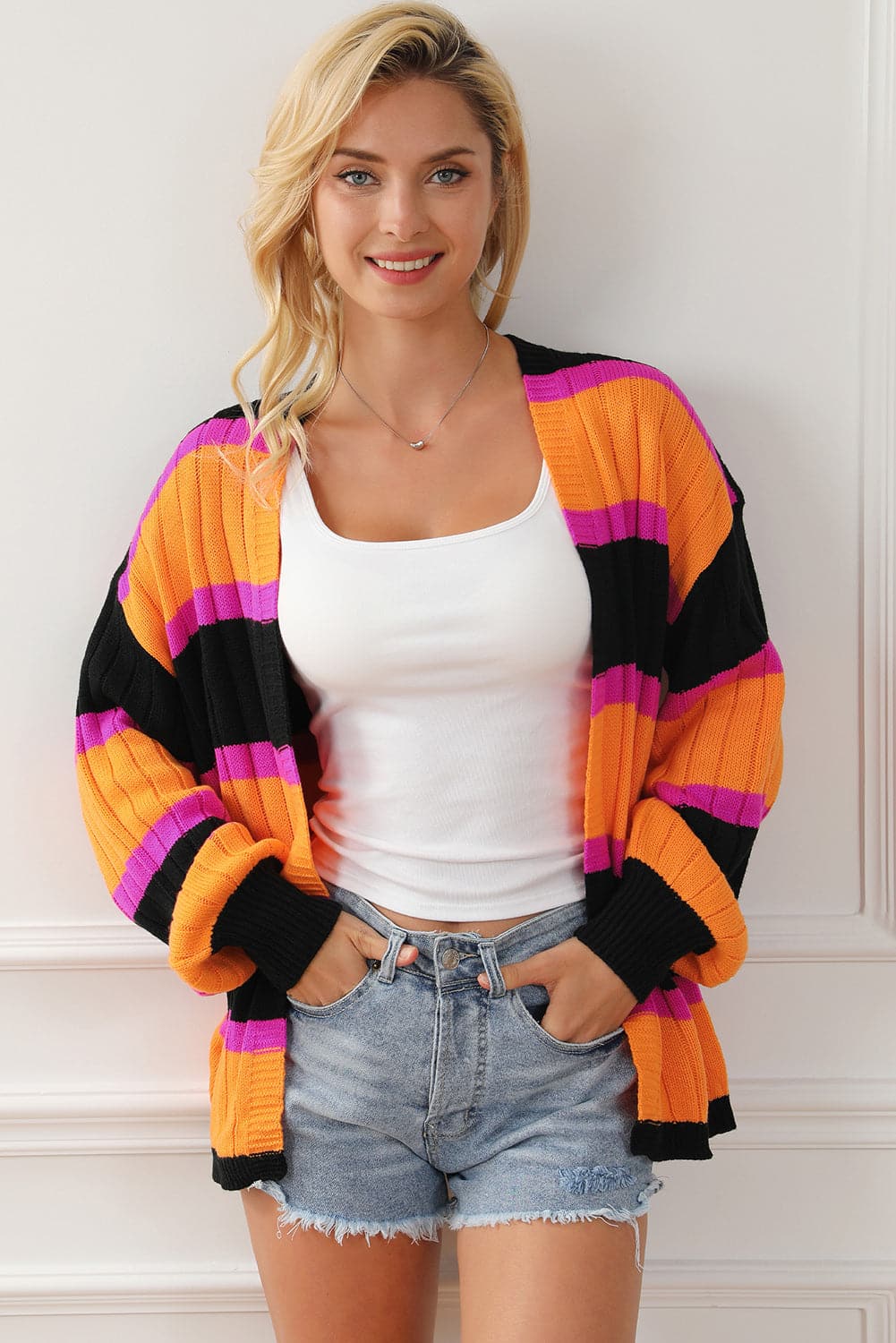 Ribbed Striped Open Front Long Sleeve Cardigan.