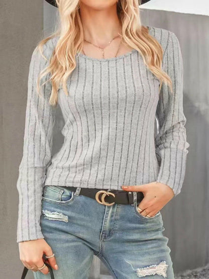 Ribbed Round Neck Long Sleeve Knit Top.