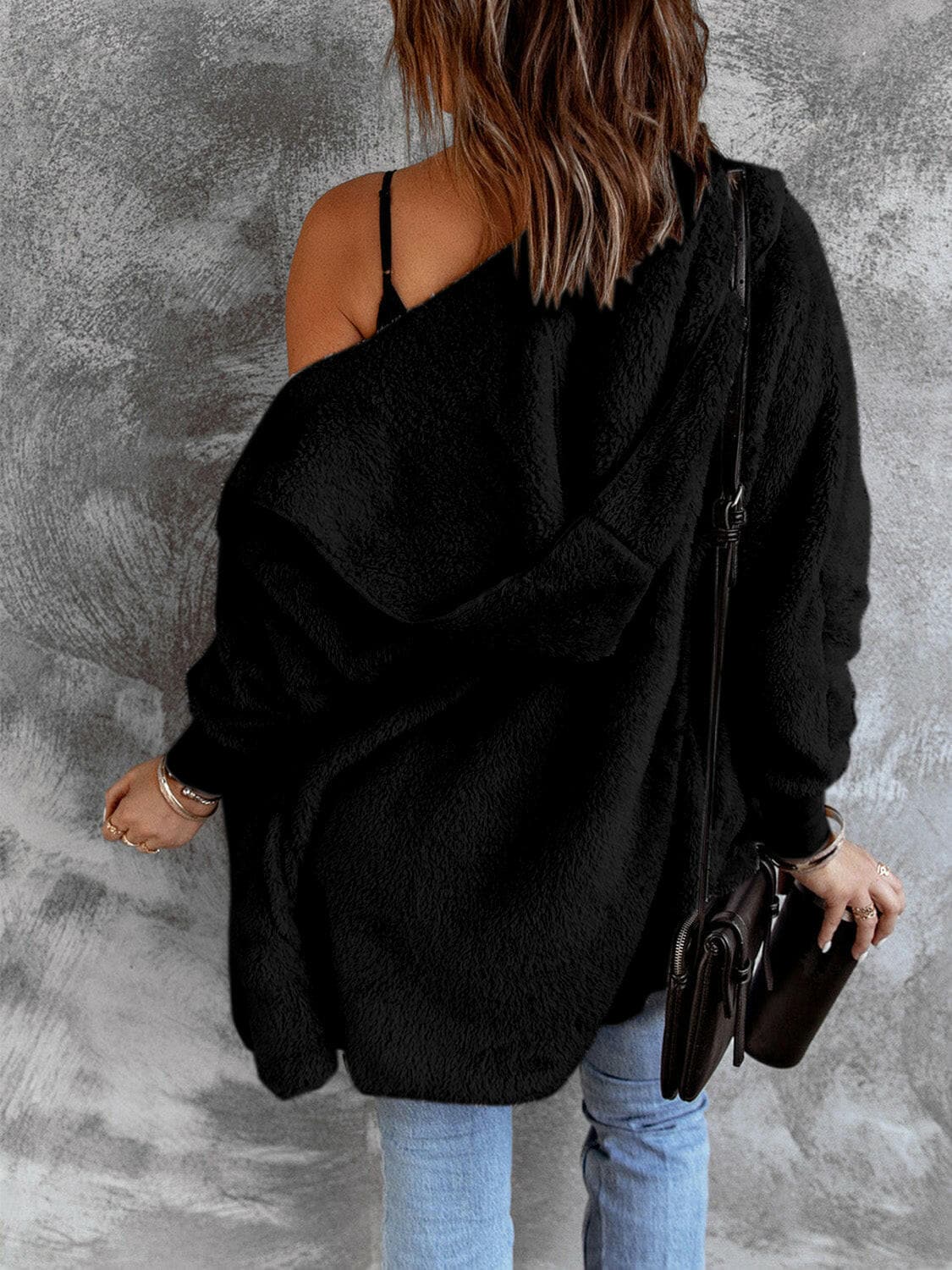 Open Front Hooded Faux Fur Outwear with Pockets.