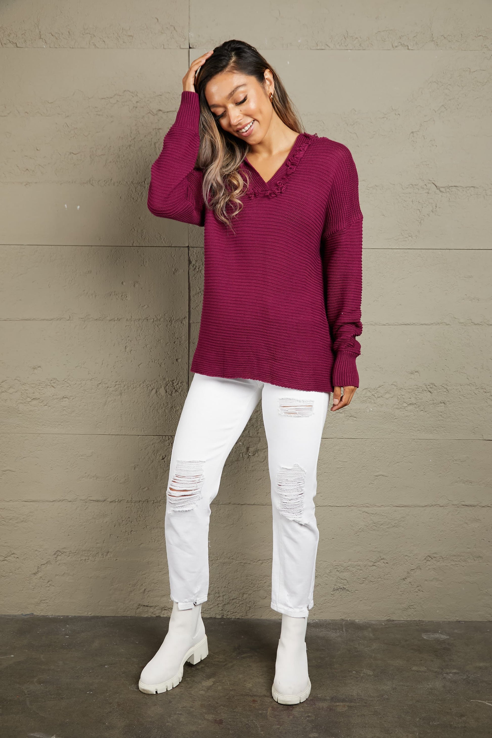 Woven Right Horizontal Ribbing Fringe Trim Hooded Sweater.