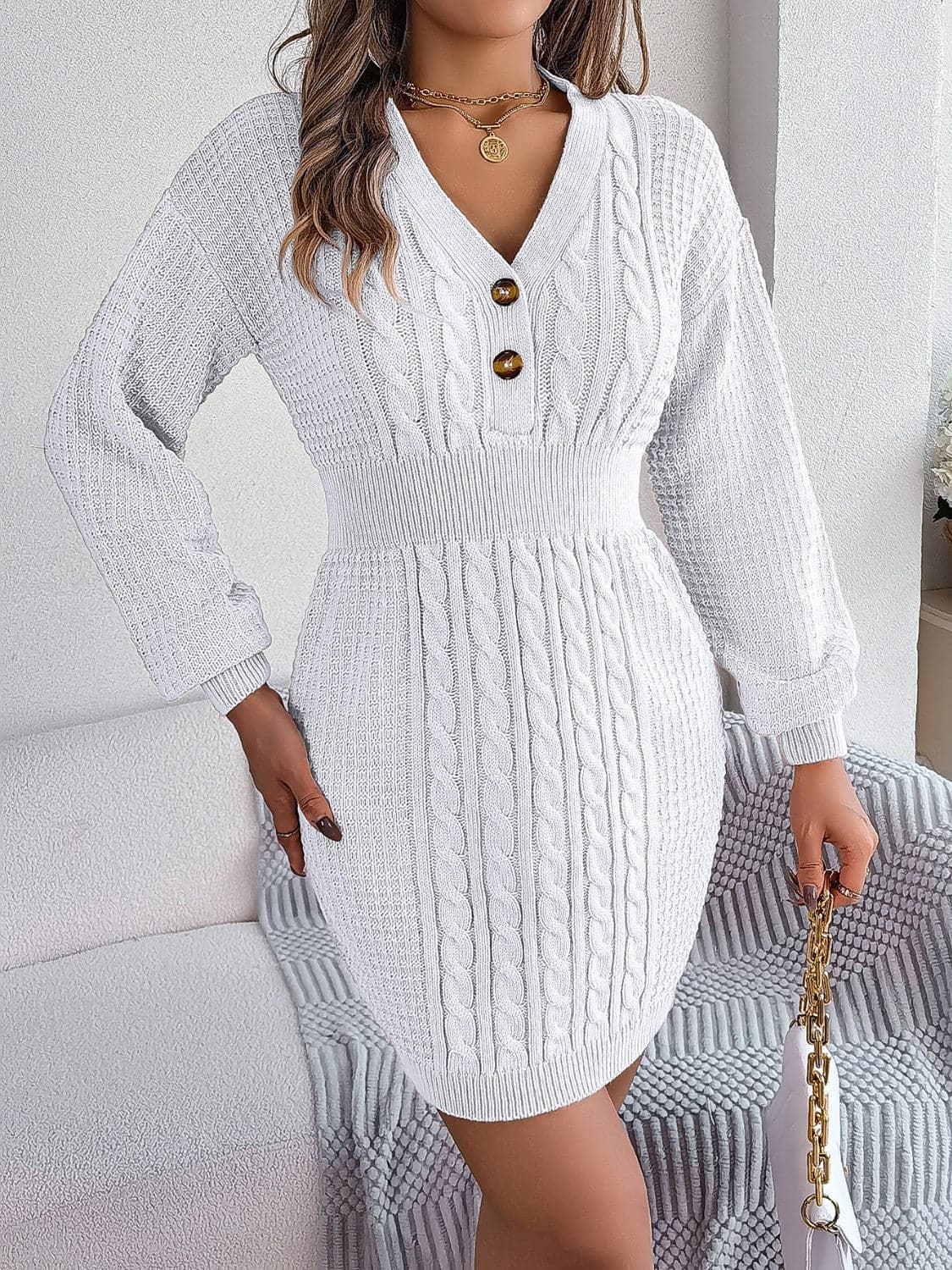 Buttoned Cable-Knit V-Neck Sweater Dress.