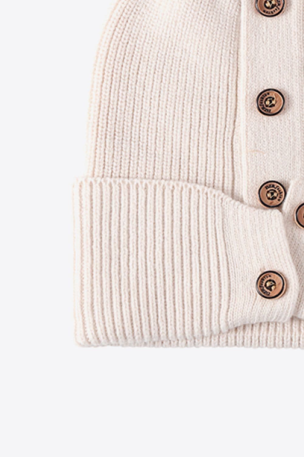 Button Detail Rib-Knit Cuff Beanie.