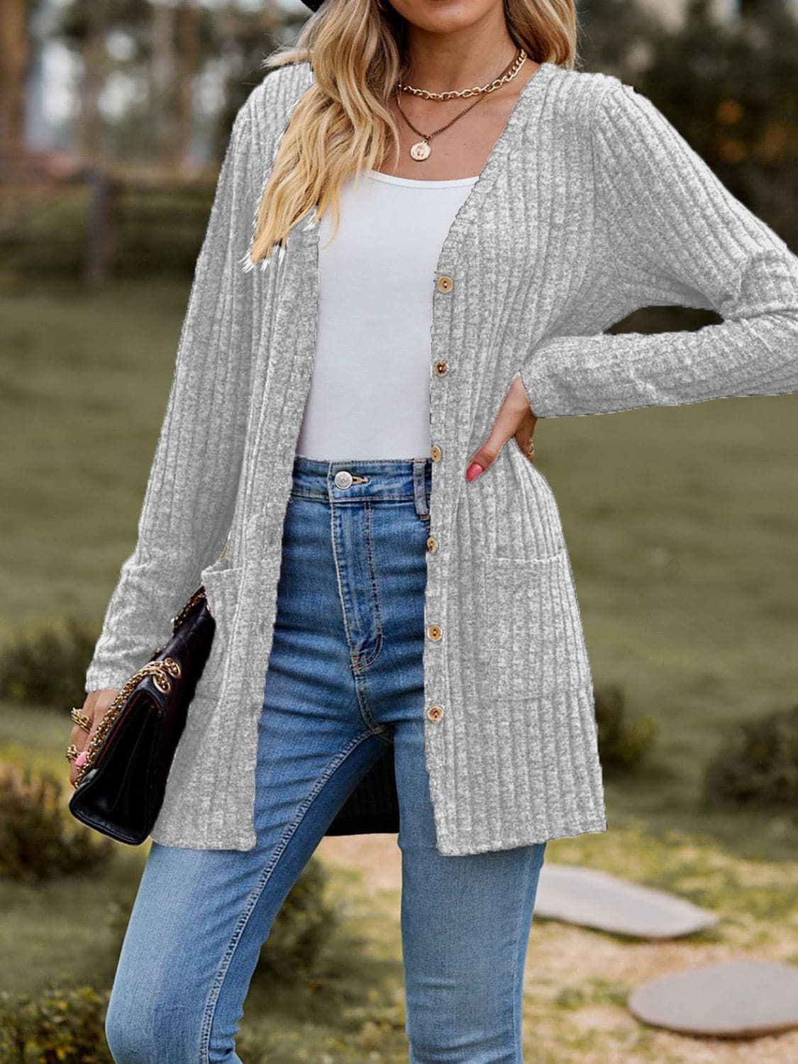 Ribbed Button Up Long Sleeve Cardigan.