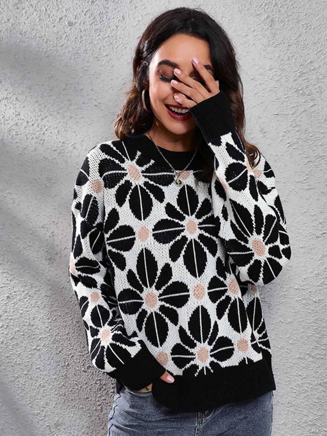 Floral Round Neck Long Sleeve Sweater.