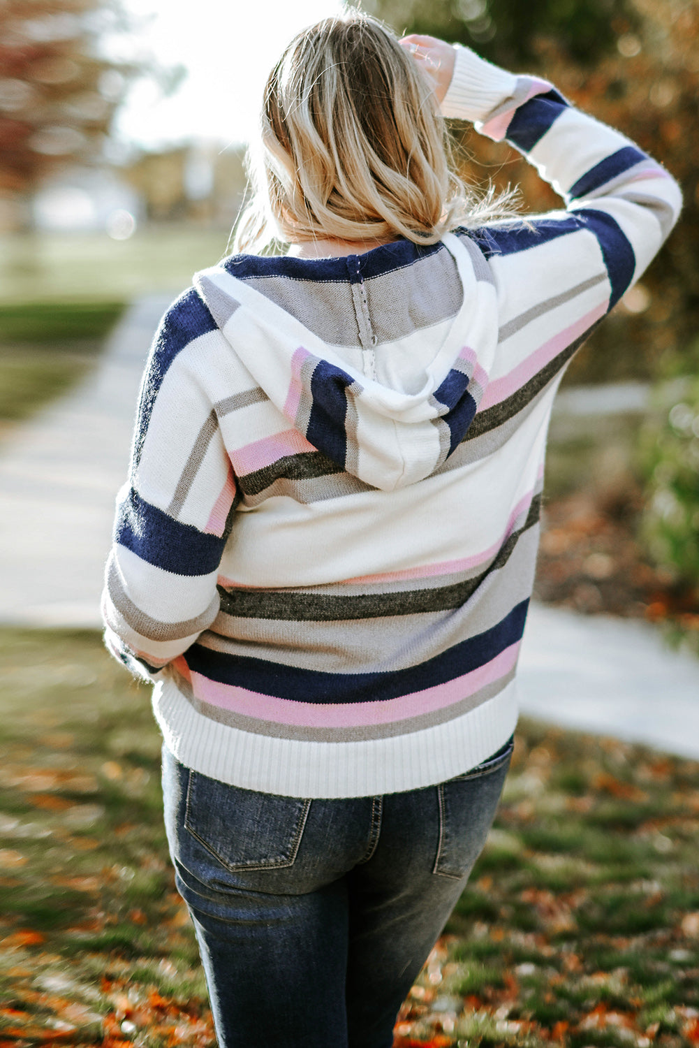 Cozy Plus Size Hooded Striped Knit Sweater