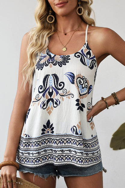Blue Bohemian Fashion Print Spaghetti Straps Loose Tank Top