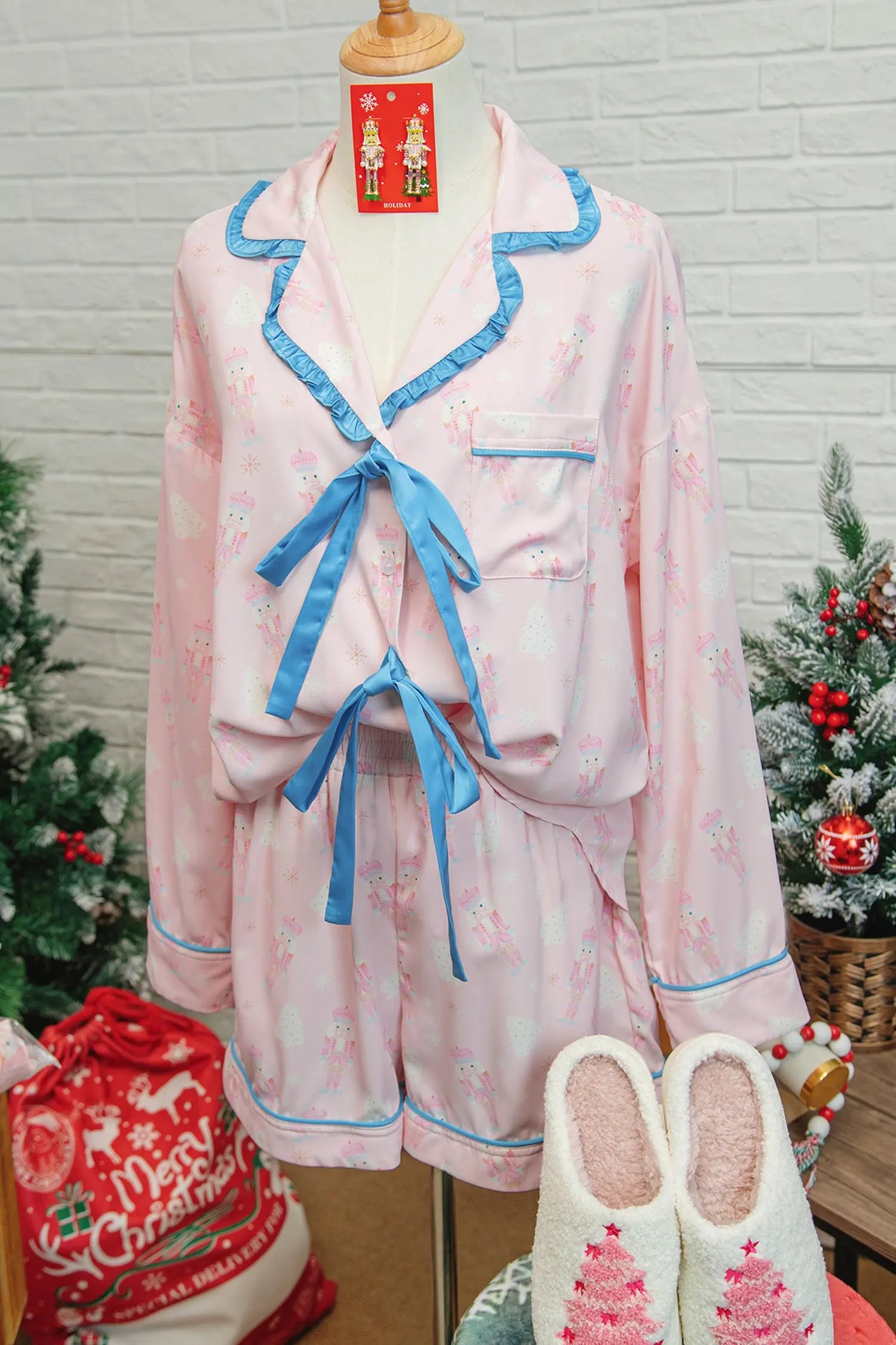 Pink Bow Tie Front Christmas Nutcracker Pajama Set With Long Sleeve Top Dear-Lover Dropshipping
