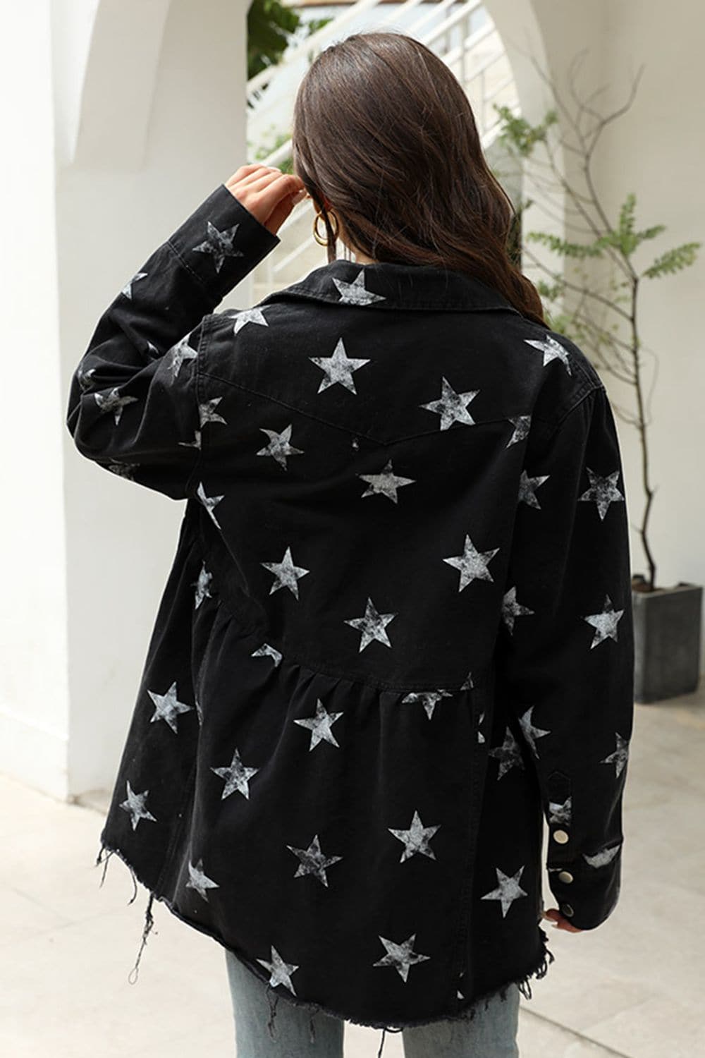 Collared Neck Star Print Long Sleeve Denim Jacket.