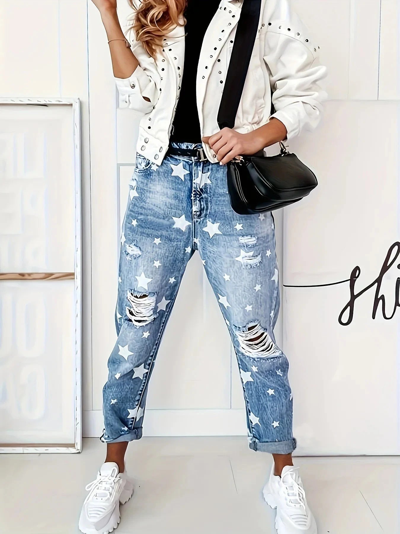 Star Print Distressed High Waist Boyfriend Jeans Coco’s Tee Boutique