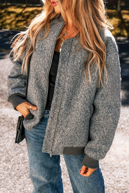 Chic medium grey fuzzy zip-up jacket with pocketed sleeves