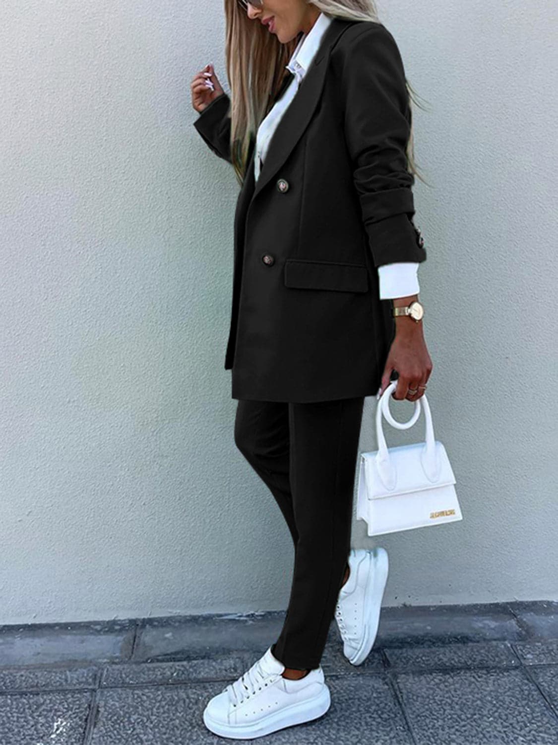 Lapel Collar Long Sleeve Blazer and Pants Set.