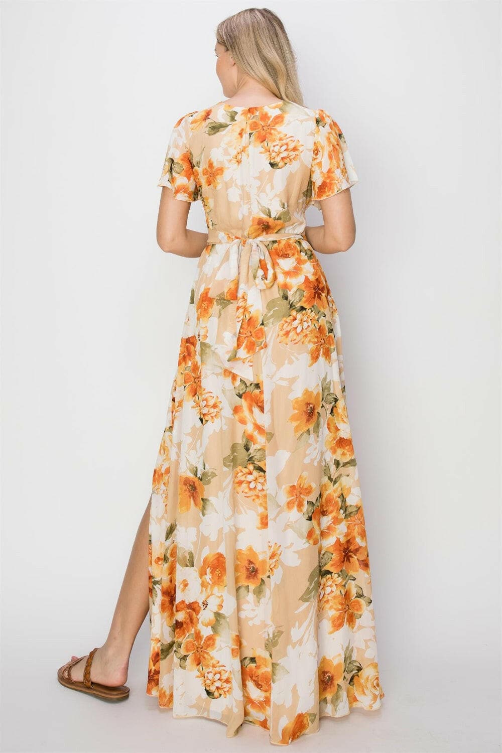 HYFVE Floral Tie Back Short Sleeve Slit Maxi Dress.