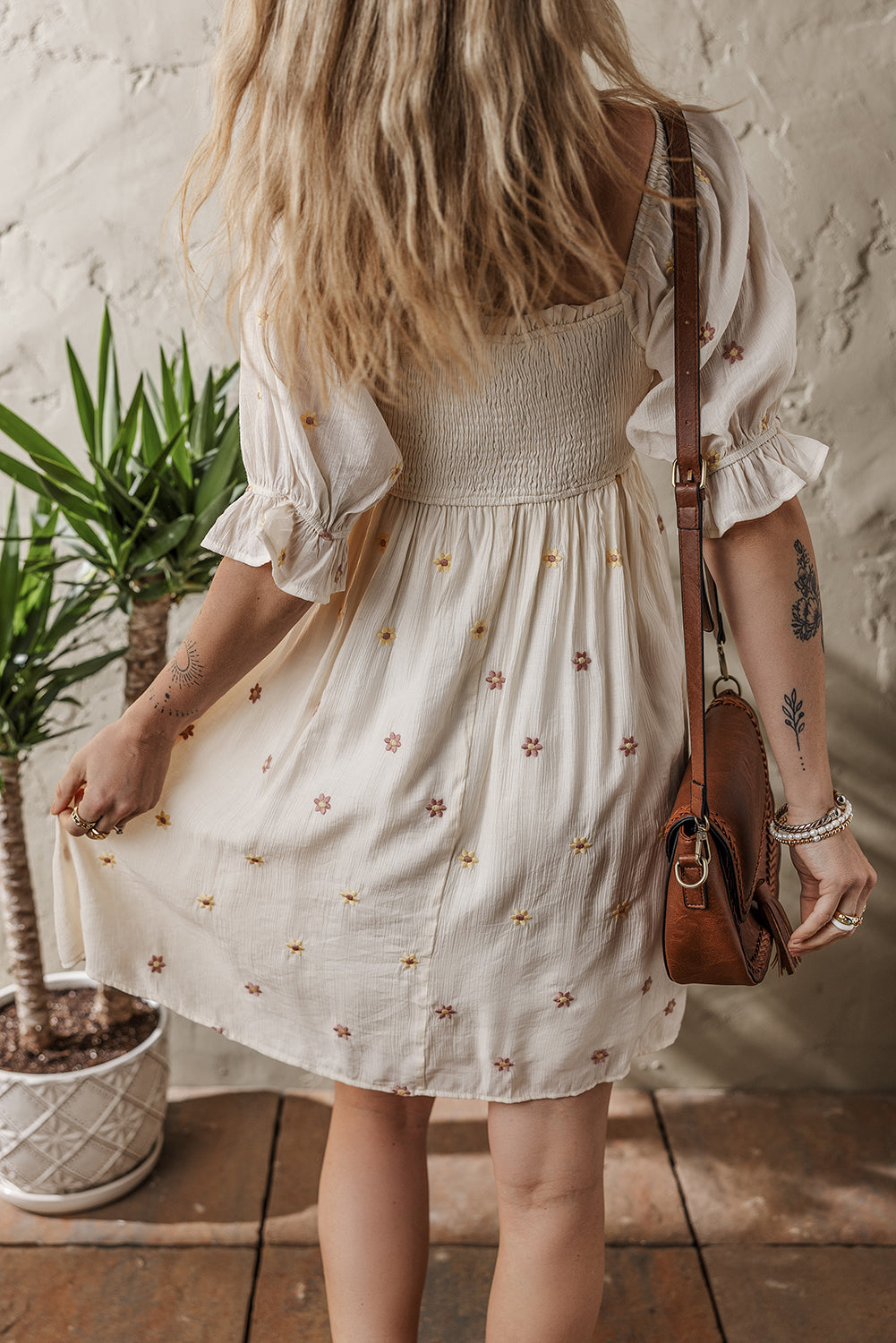 Beige Embroidered Flower Smocked Bust Half Puff Sleeve Dress