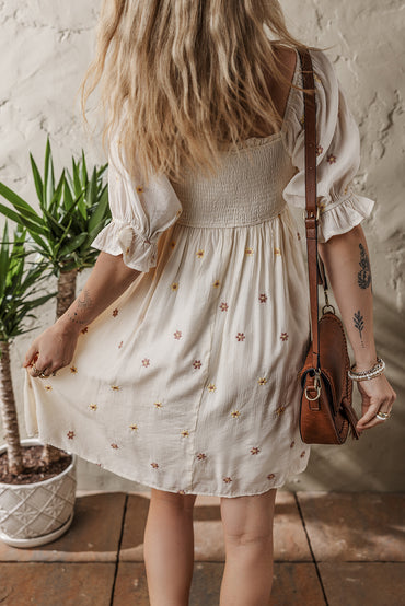 Beige Embroidered Flower Smocked Bust Half Puff Sleeve Dress