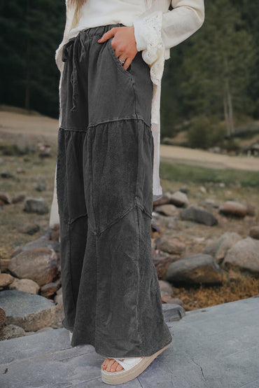 Premium Black Mineral Wash Tiered Wide Leg Patchwork Drawstring Pants