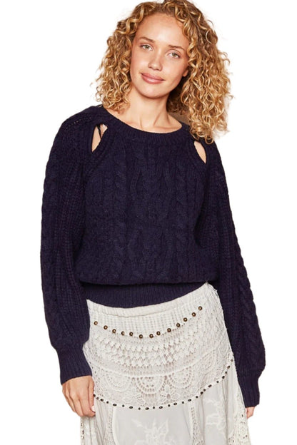 POL Cable Knit Cutout Long Sleeve Sweater.