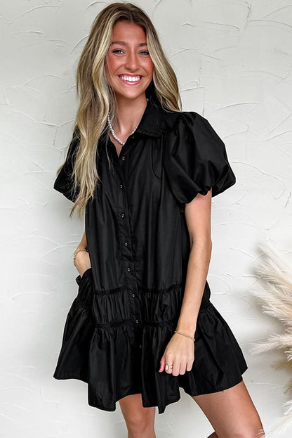 Chic Black Puff Sleeve Ruffle Hem Button Down Dress