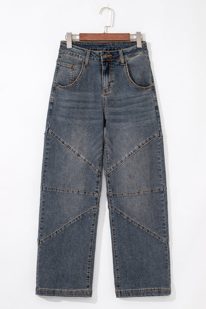 Sail Blue Exposed Stitching Loose Straight High Waist Jeans