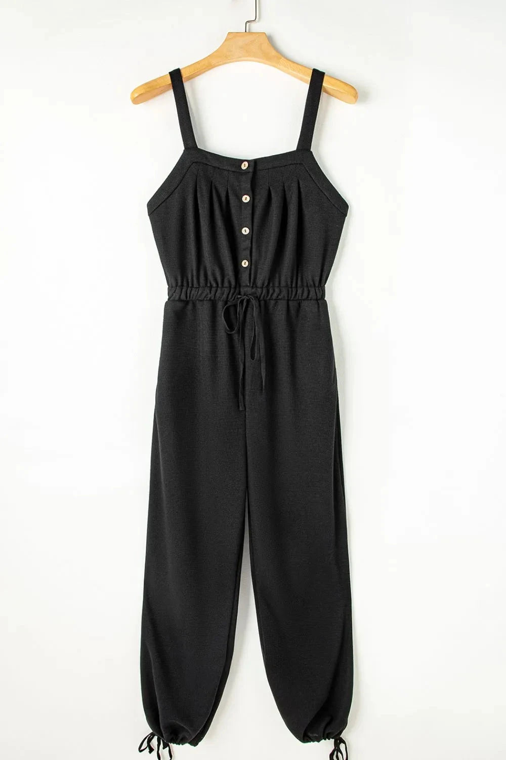 Knotted Straps Button Textured Drawstring Jumpsuit Simply Love
