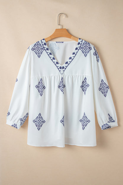 Chic white boho geometric print plus size blouse with bracelet sleeves