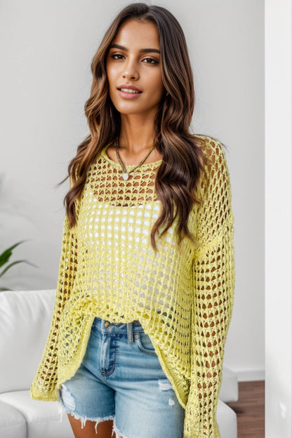 Openwork Round Neck Dropped Shoulder Knit Top.