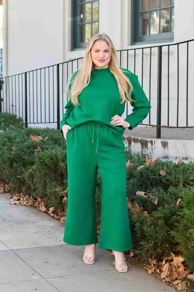 Double Take Full Size Textured Long Sleeve Top and Drawstring Pants Set - Love Salve