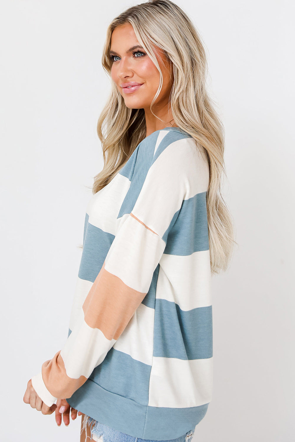 Chic light blue colorblock striped drop shoulder long sleeve top