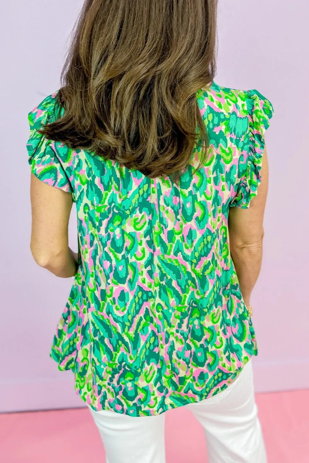 Abstract Print Ruffled Trim Tie Neck Top - Product side view by Simply Love
