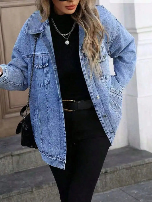 Washed Oversized Denim Jacket With Button Front And Pockets Simply Love