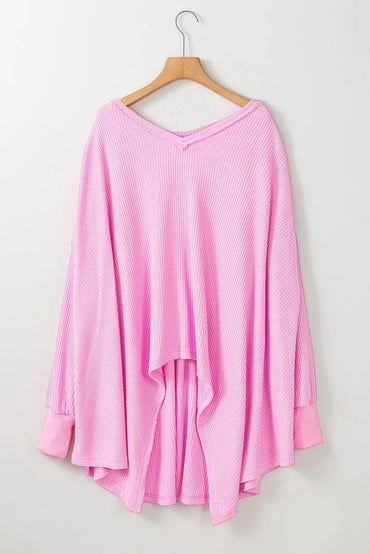 Waffle-Knit V-Neck Long Sleeve Blouse.