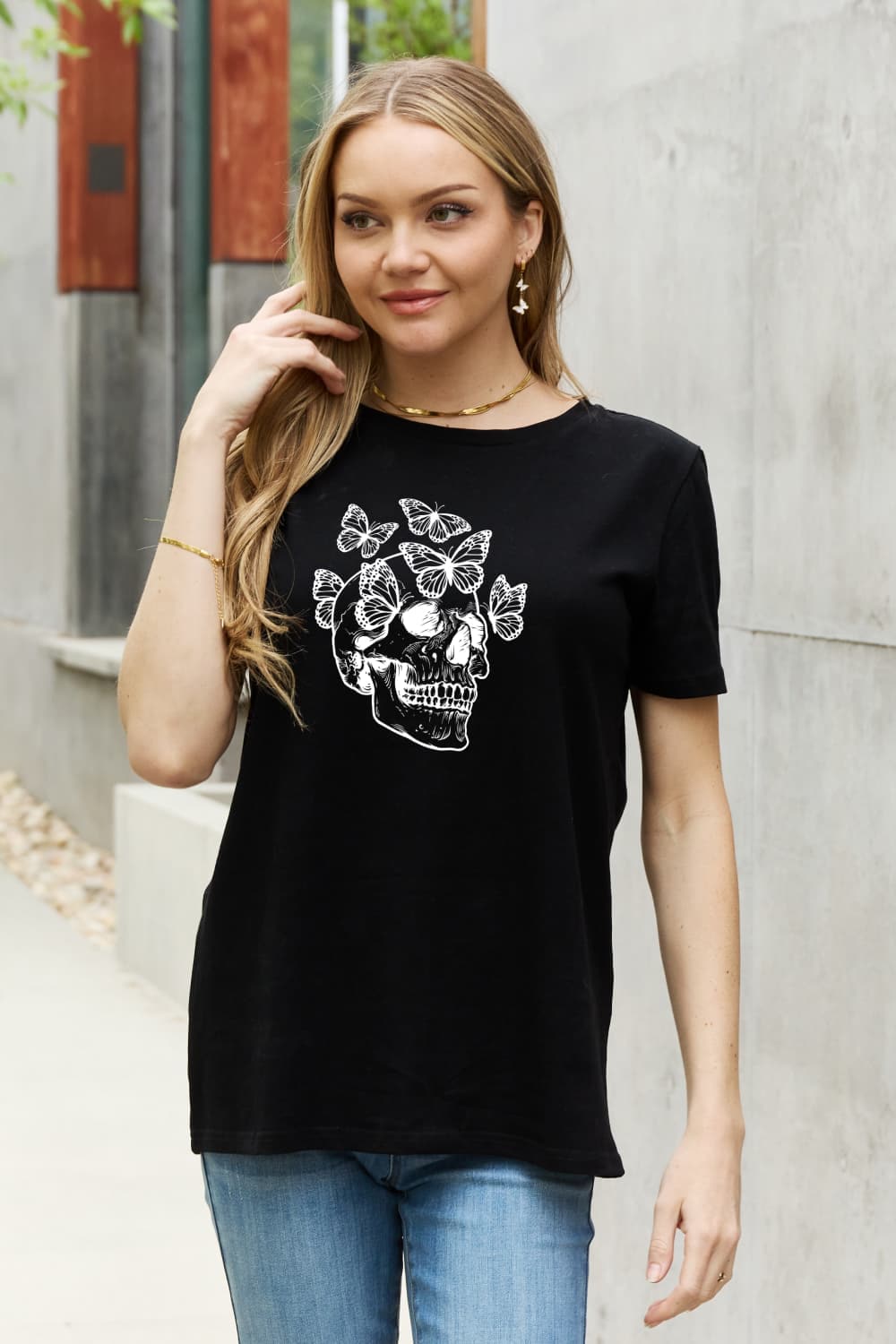 Chic butterfly skull graphic cotton t-shirt