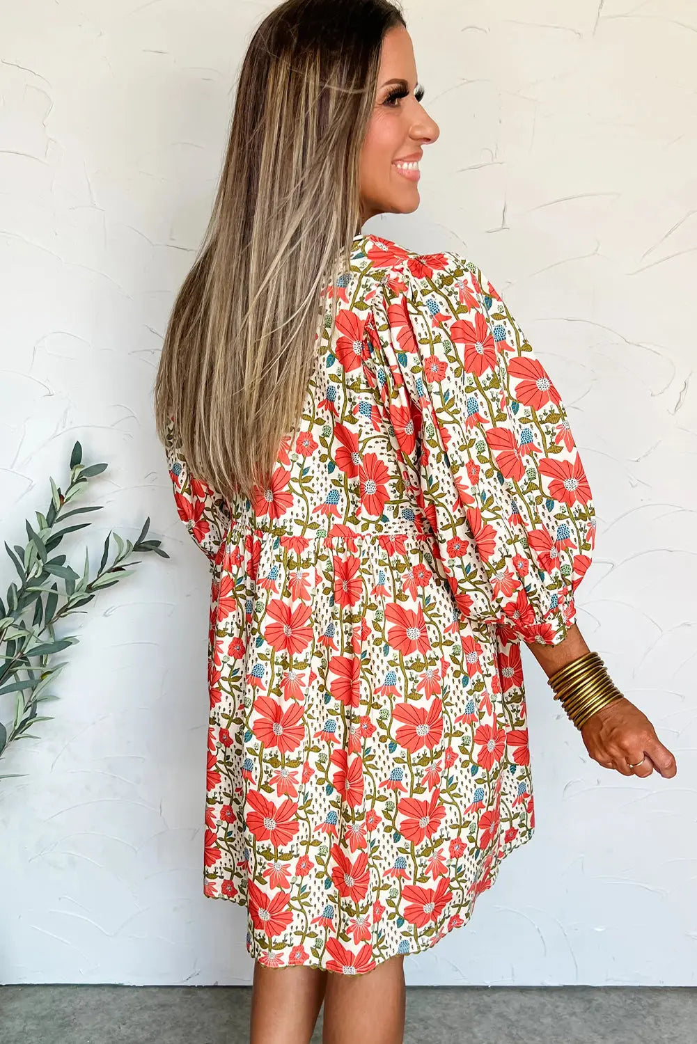 Red Floral Print Ric Rac Trim V Neck Three Quarter Sleeve Loose Mini Dress Dear-Lover Dropshipping