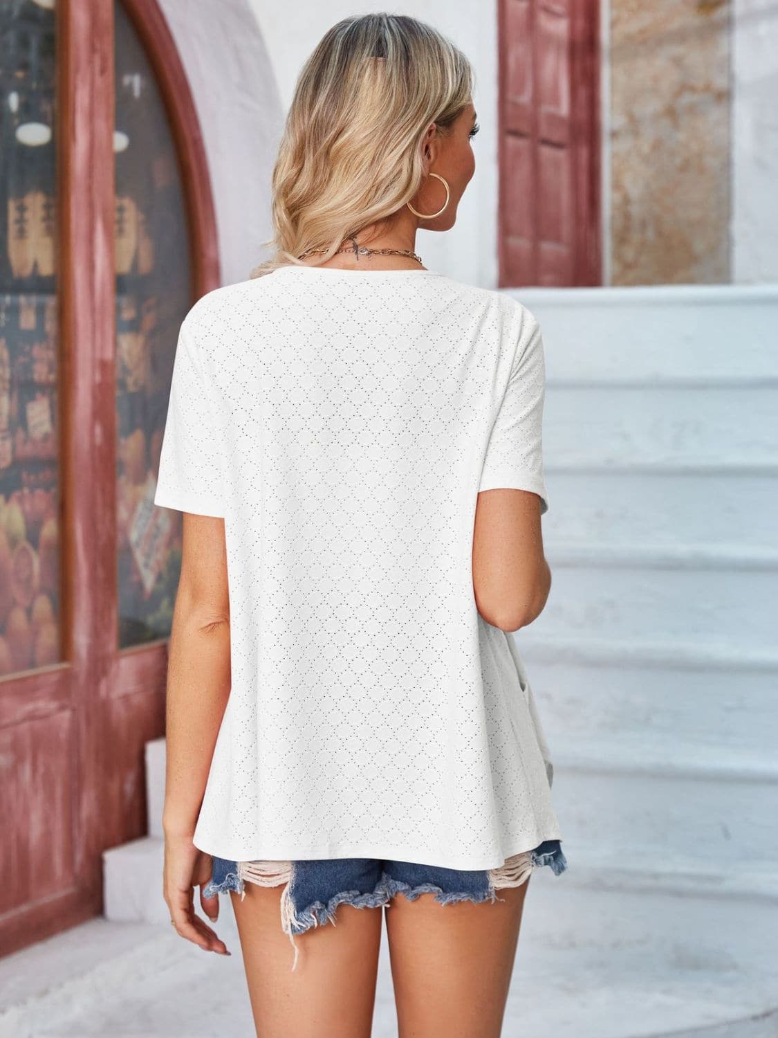 Eyelet Open Front Short Sleeve Cover Up.