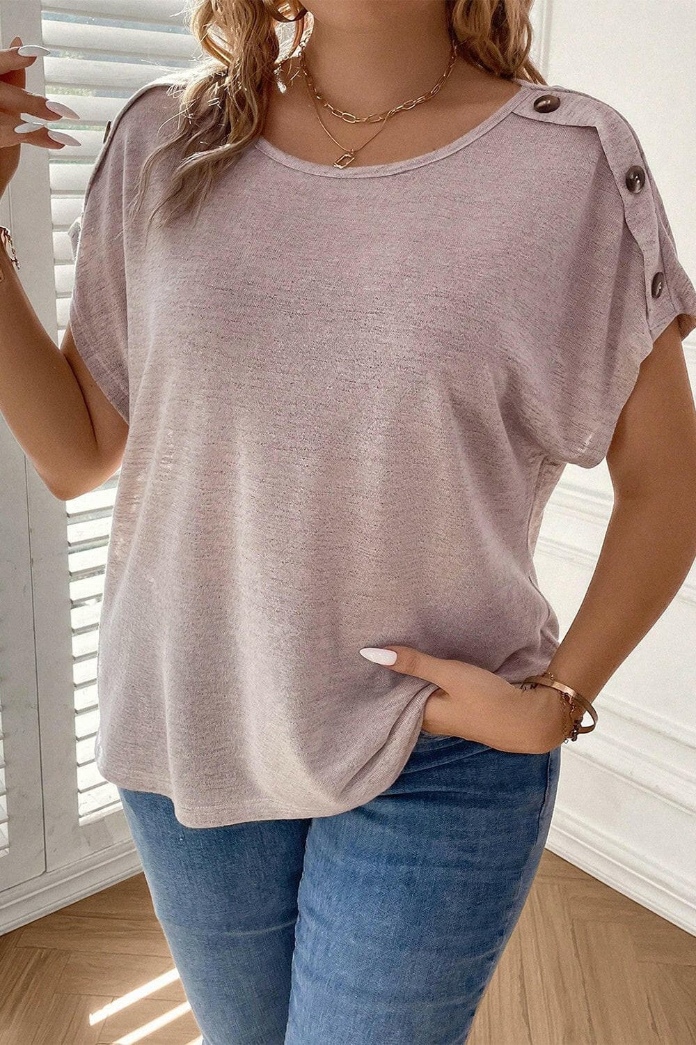 Plus Size Decorative Button Round Neck Short Sleeve T-ShirtUpgrade Your Wardrobe

Enhance your style with the Plus Size Decorative Button Round Neck Short Sleeve T-Shirt. This versatile t-shirt is perfect for elevating your Love Salve Size Decorative Button Round Neck Short SleeveT-Shirts